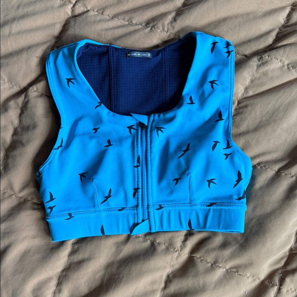 Blue Sports Bra with Bird Pattern